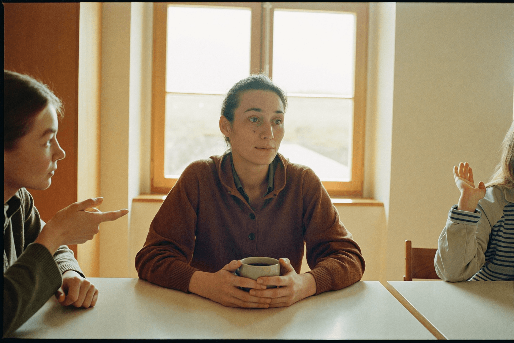 A person sitting at a table by a window with a mug in front of them, someone gesturing beside them.