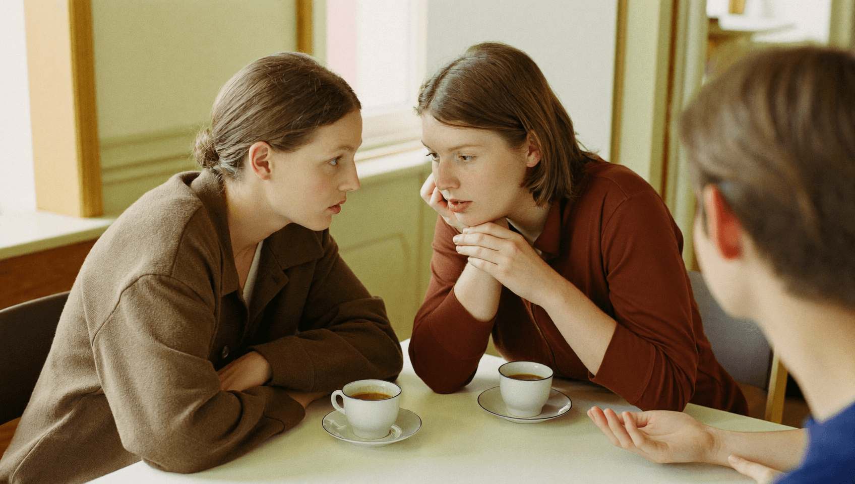 Two people leaning towards each other over a table, cups standing beside them.