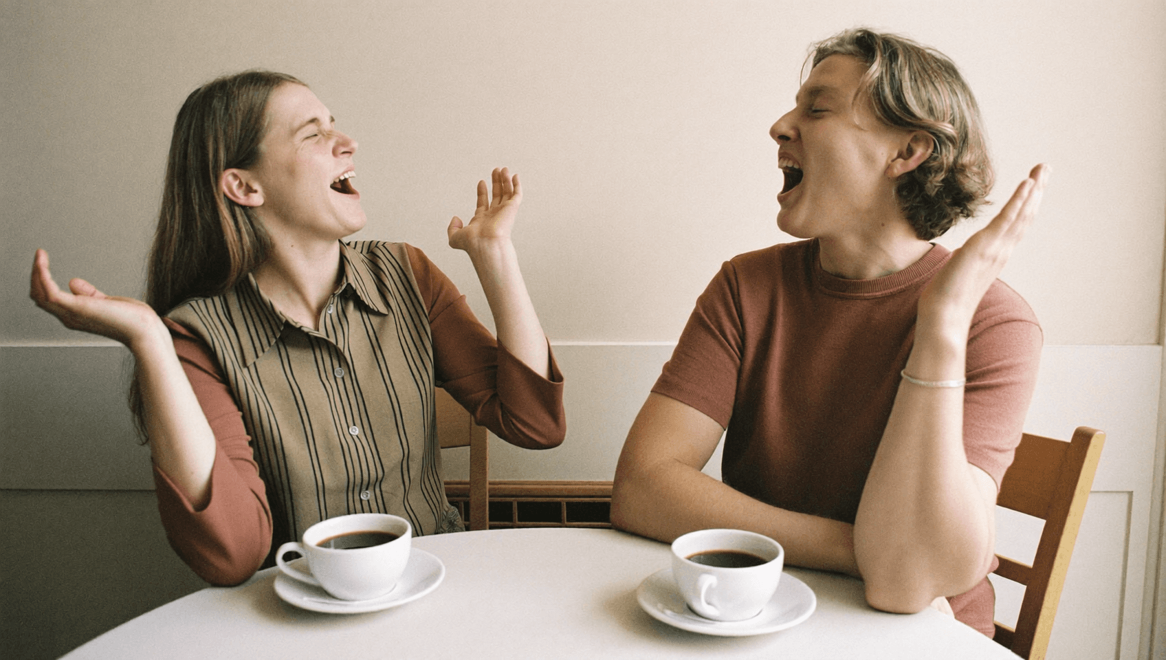 Two people at a table laughing out loud, both with their hands in the air.